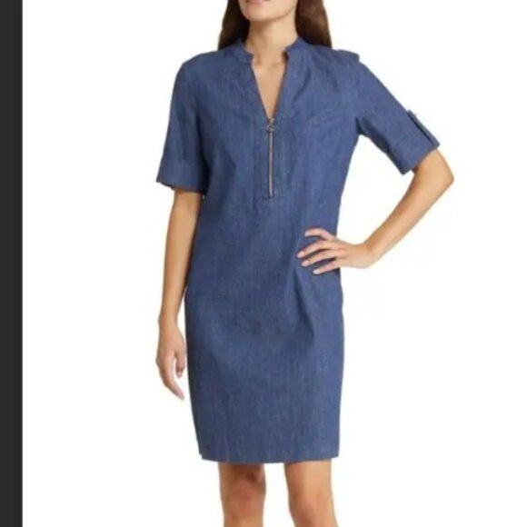 NEW Anne KLein STEFFI Dress Sz 2 Blue Chambray Denim Silver Zipper Roll Tab SLv - Picture 2 of 7